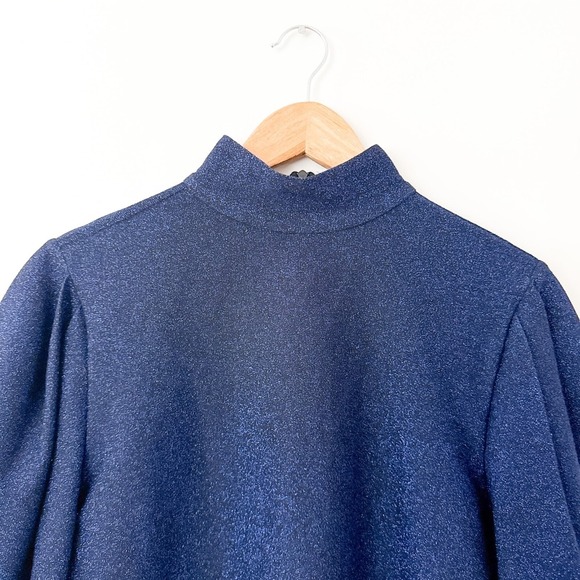PatBO Womens Mock Neck Puff Sleeve Lurex Top Metallic Blue Size Small Glitter - Picture 5 of 10